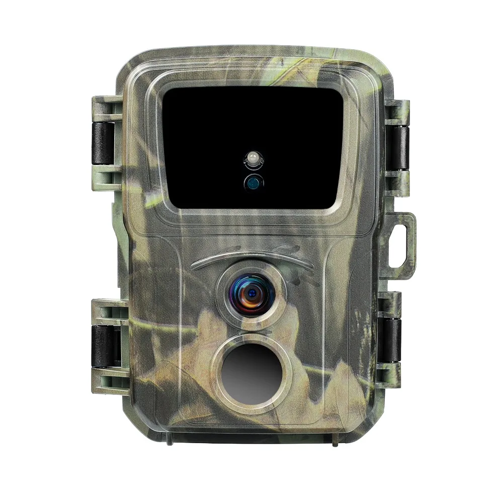 Vista frontal de la Mini Cámara de Caza con diseño compacto y camuflaje