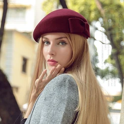 Boina de lana femenina estilo militar para otoño e invierno