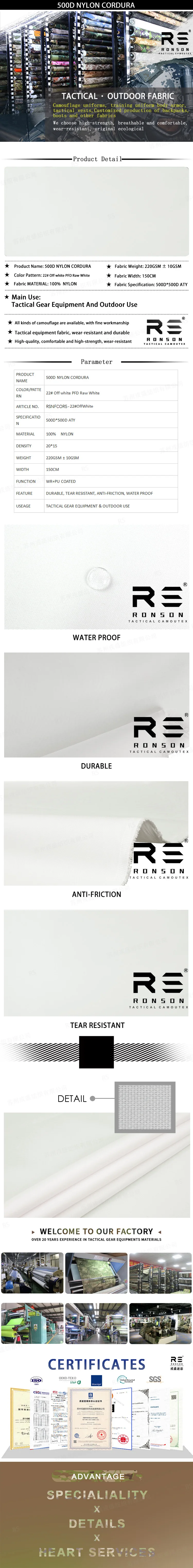 Tela de camuflaje blanca de nylon Cordura 500D de RONSON