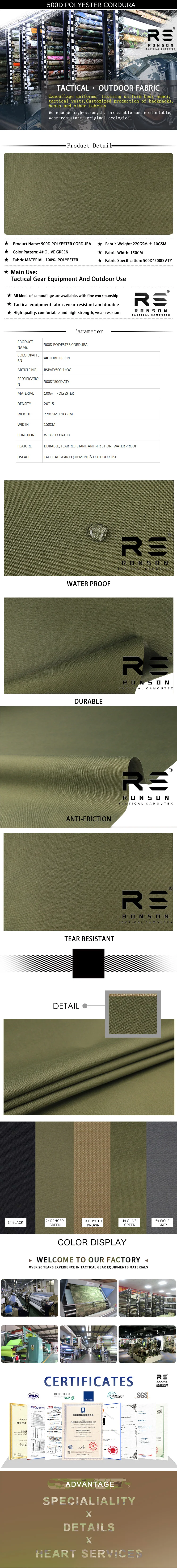 Tejido verde oliva 500D tipo Cordura impermeable para bolsas de equipaje