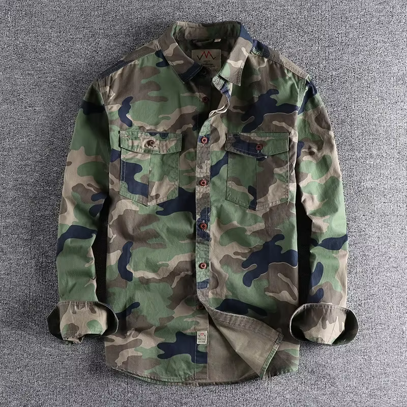 Camisa militar camuflaje algodón lavado resistente, manga larga outdoor
