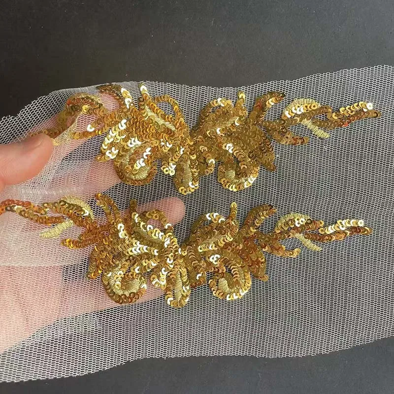 Parche bordado encaje dorado con lentejuelas y flores para coser - imagen 5