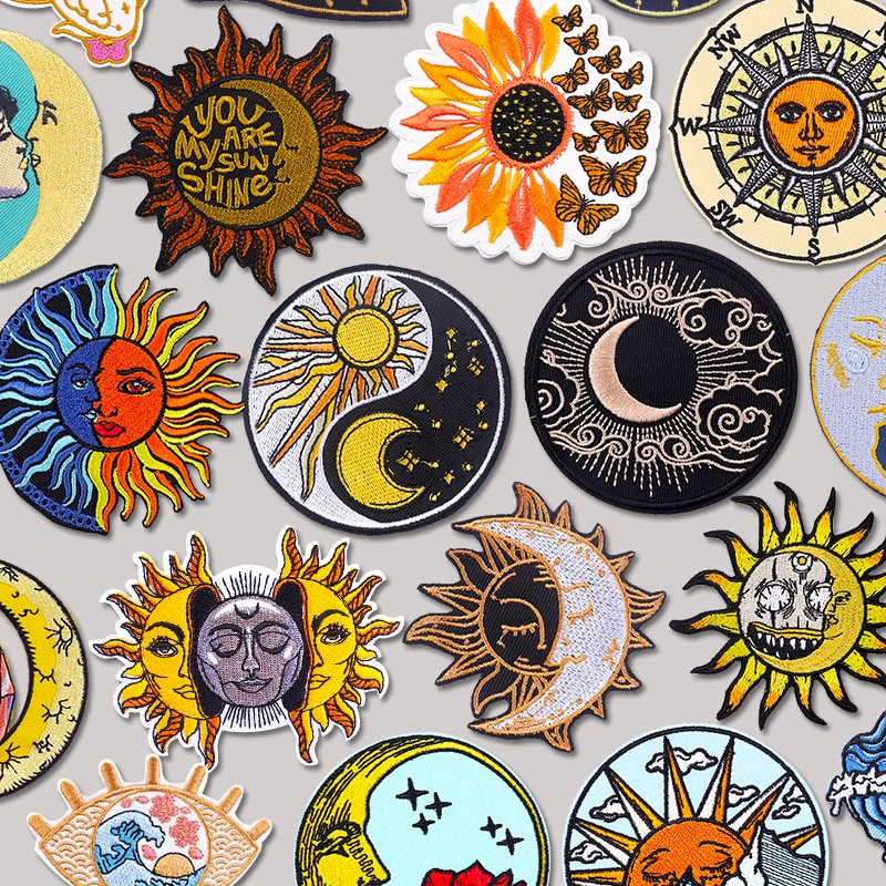 Parche termoadhesivo bordado sol y luna para mochilas, chaquetas