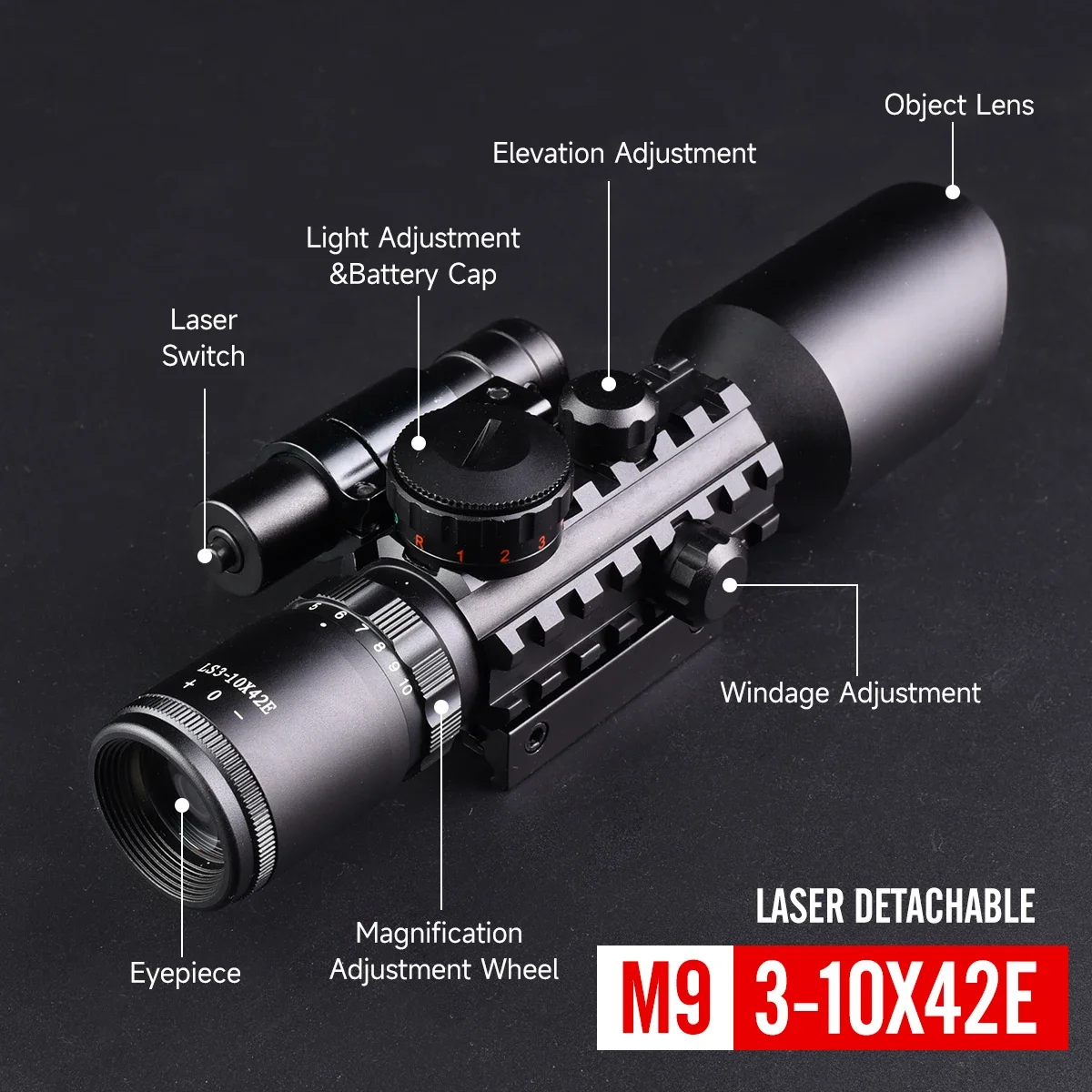 Cros mira táctica 3-10x42E con láser rojo y verde, riel 11 mm - imagen 5