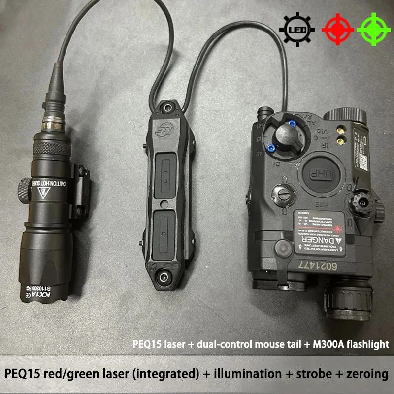 Linterna táctica Airsoft PEQ-15 con láser rojo y verde estroboscópico