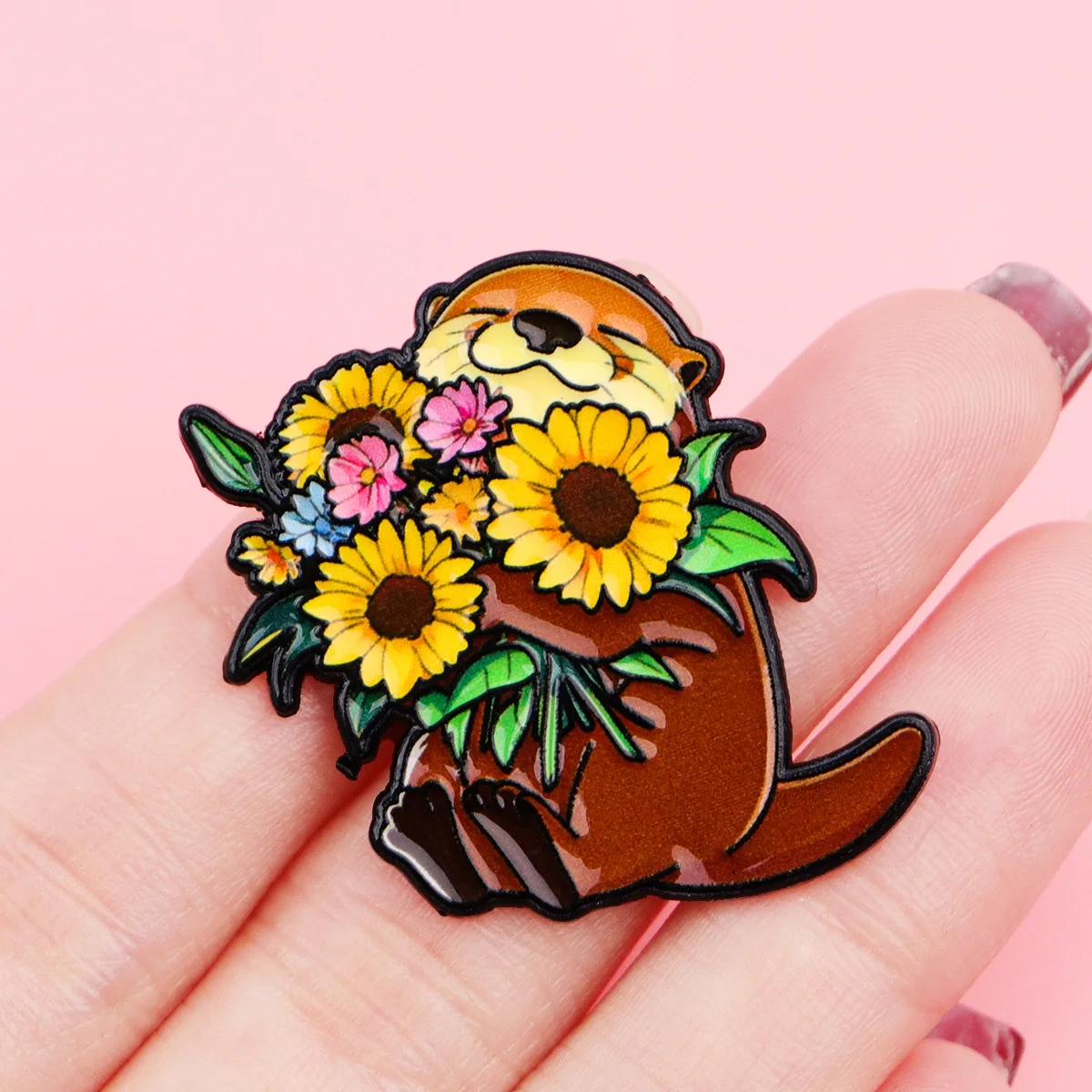 Pin esmalte nutria y girasoles – Broche metálico para ropa y sombrero - imagen 4