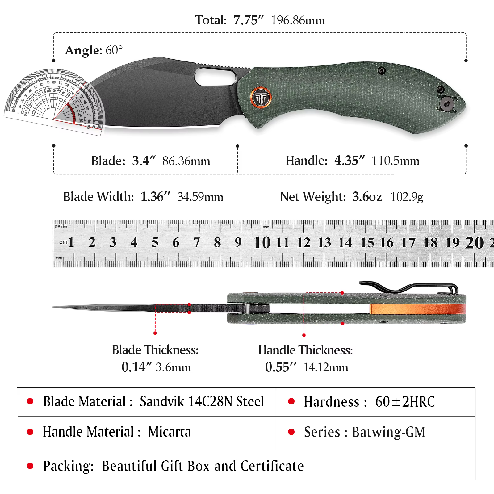 TRIVISA cuchillo plegable Micarta, bolsillo EDC, acero robusto - imagen 4