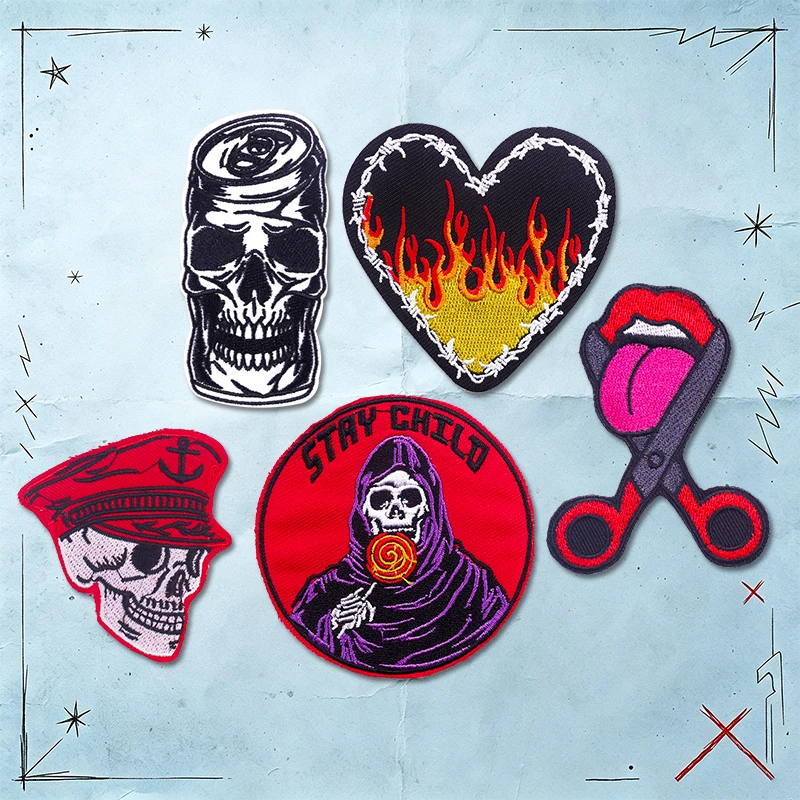 Parches termoadhesivos punk terror bordados corazón calavera llamas - imagen 3