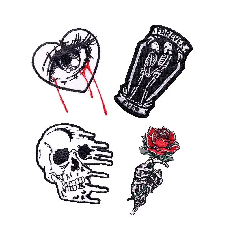 Parche bordado calavera infernal con llamas – Termoadhesivo estilo punk - imagen 4