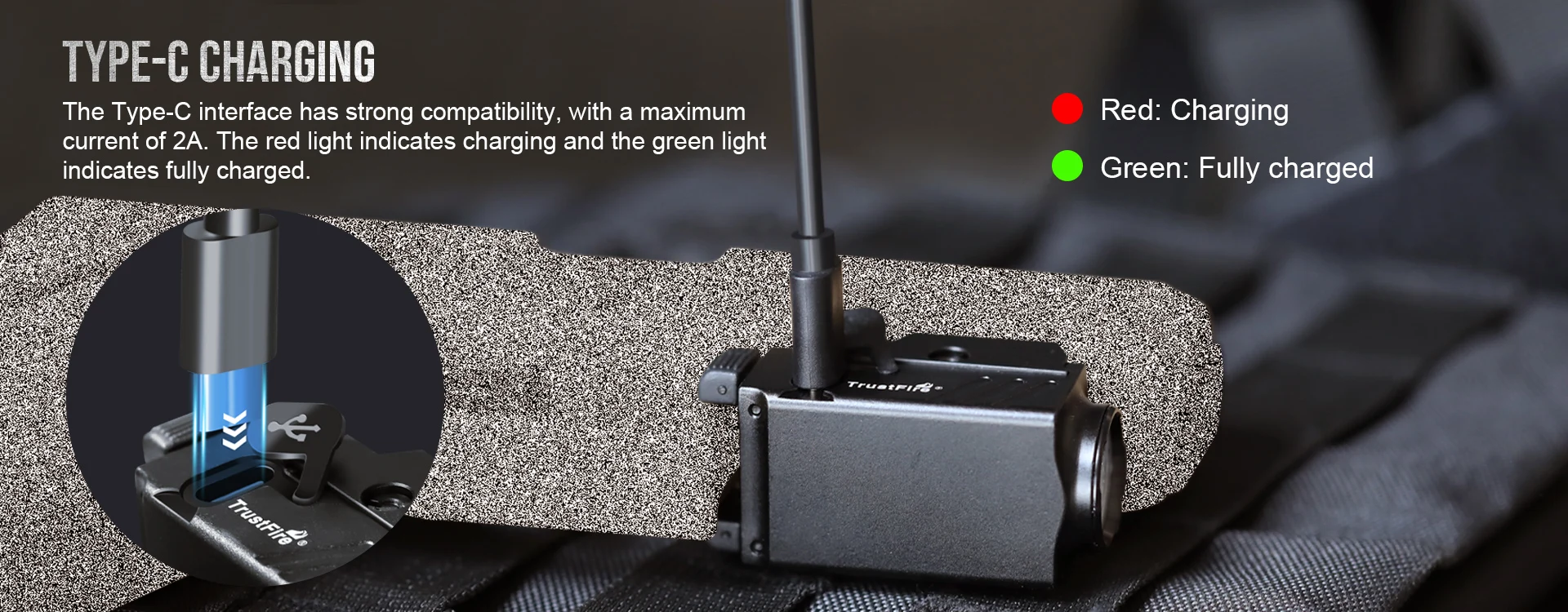 Puerto de carga USB C en la linterna GM23-V2