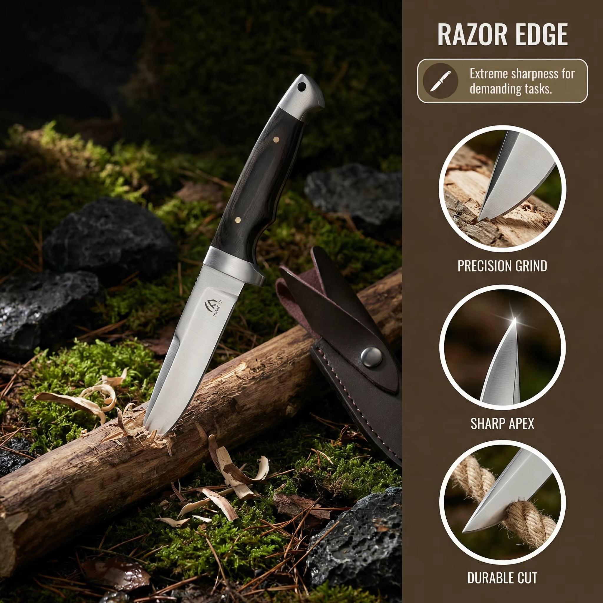 Cuchillo fijo táctico con mango de madera y funda exterior - imagen 3
