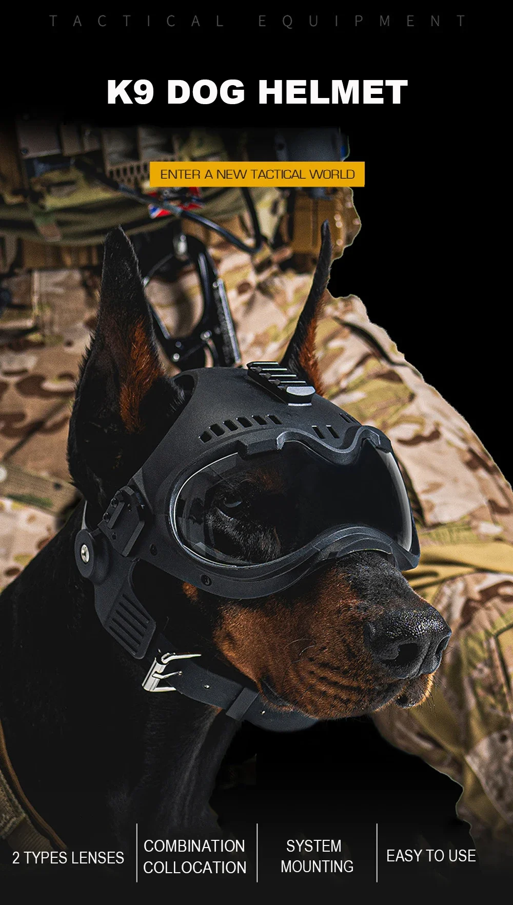 Perro con casco táctico y gafas protectoras