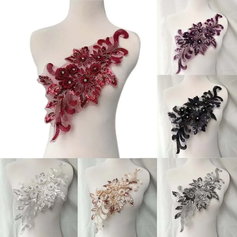 Apliques bordados flores 3D, lentejuelas y pedrería para coser