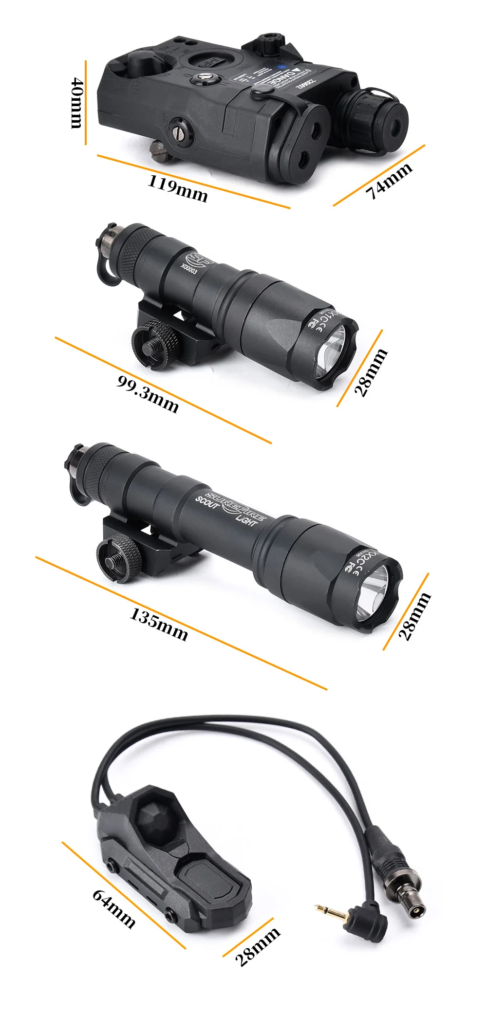 Vista del iluminador y linterna del kit