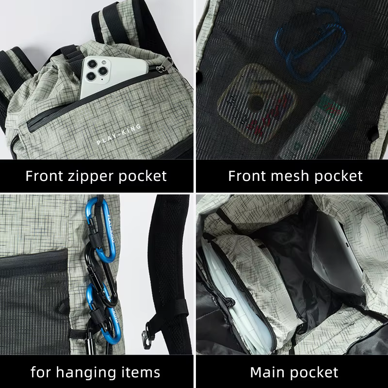 Mochila azul sobre una roca mostrando sus correas