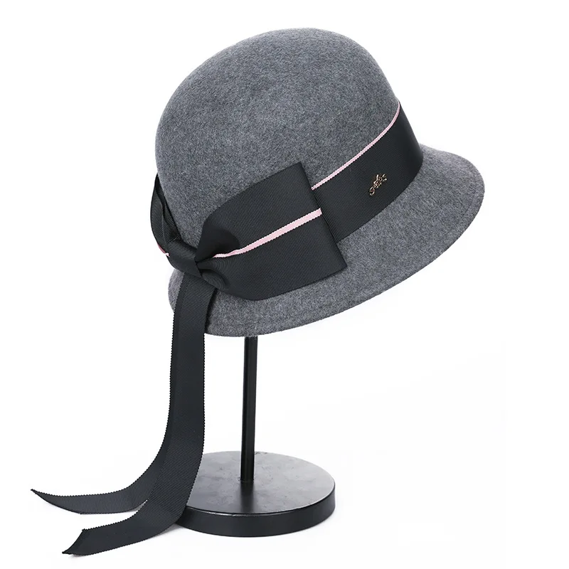 Sombrero fedora de lana para mujer con lazo, ideal para bodas