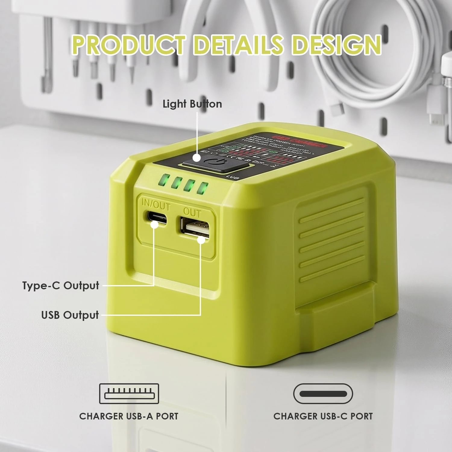 Cargador USB portátil para baterías Ryobi ONE+ 18V, 100 W con USB-C