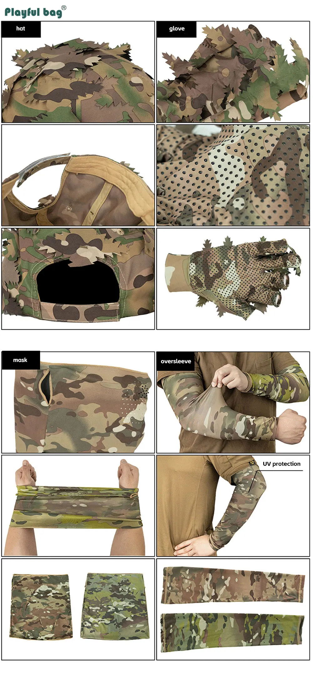 Detalle de guantes tácticos y gorro de hoja