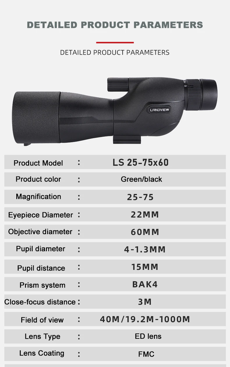Monocular visto desde el lateral con zoom 25-75x60mm