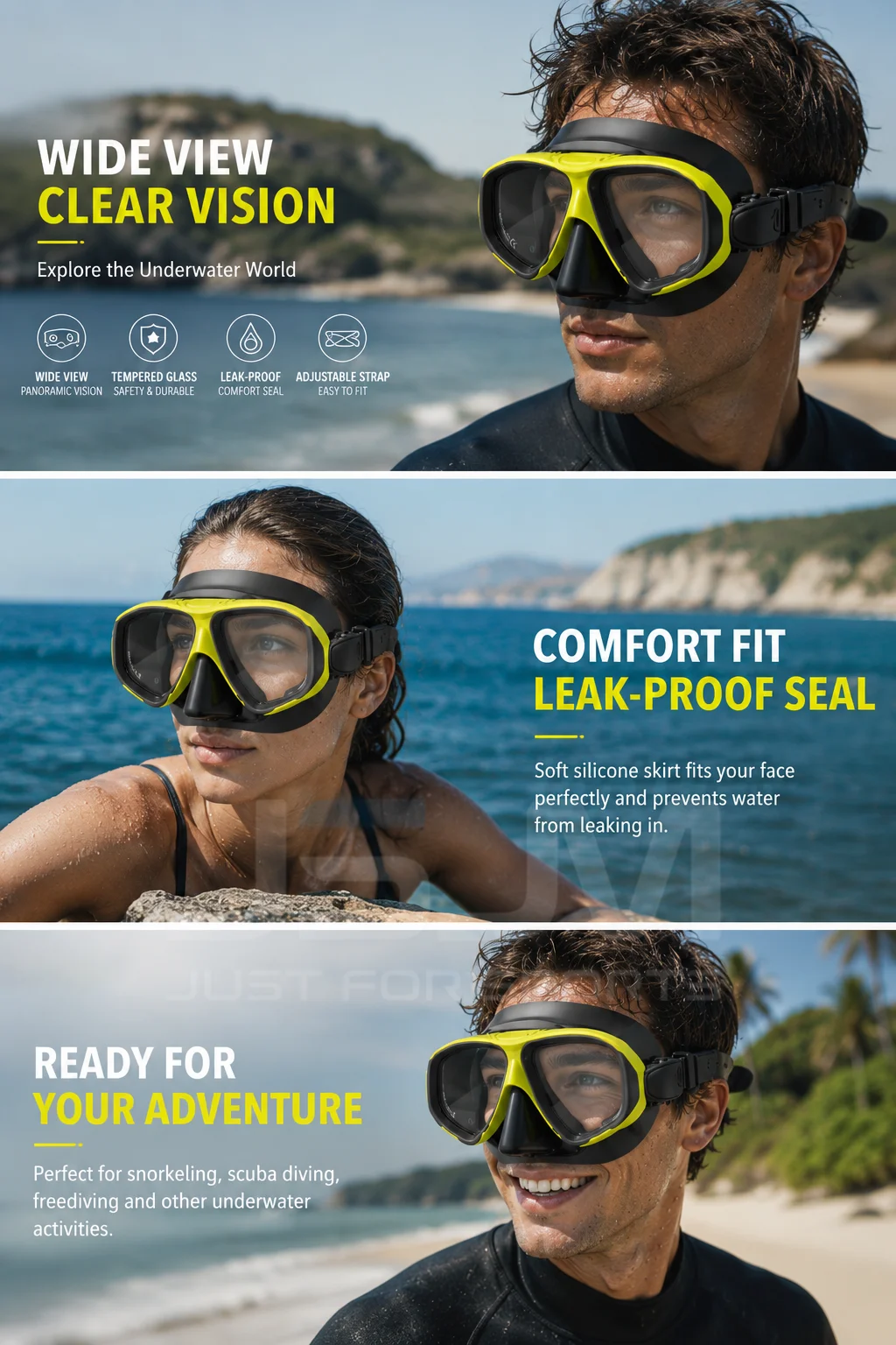 JSJM Máscara de buceo silicona con cristal templado y vista panorámica - imagen 2