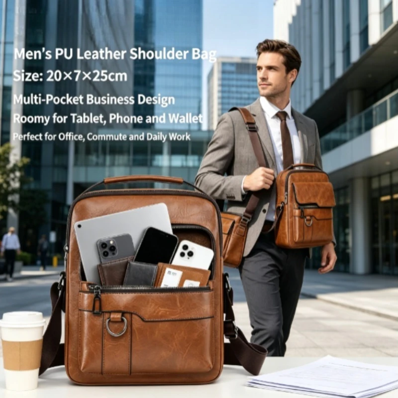 Bolso cruzado táctico vertical PU cuero hombre, gran capacidad