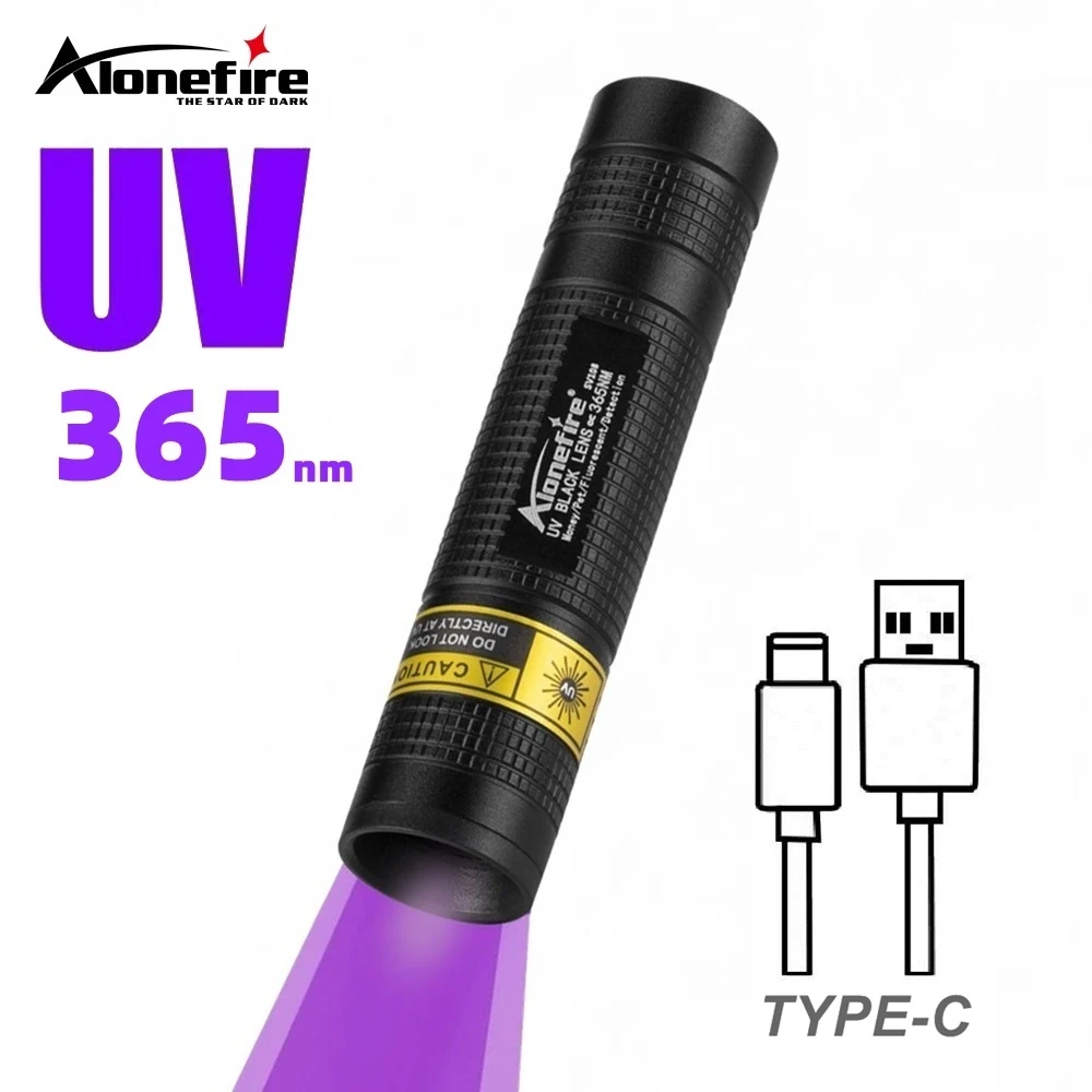 Mini linterna LED UV 365nm Alonefire con escala de tamaño