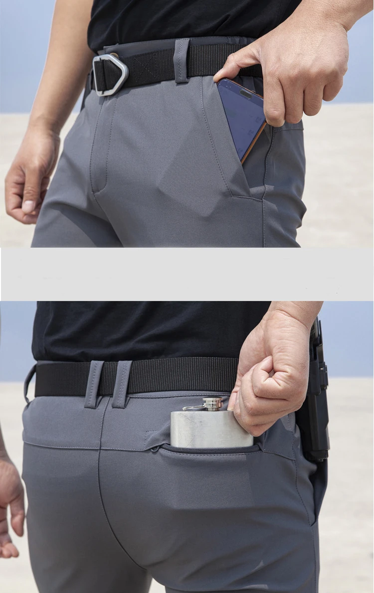 Vista lateral del pants táct con bolsillo cargo pronunciado