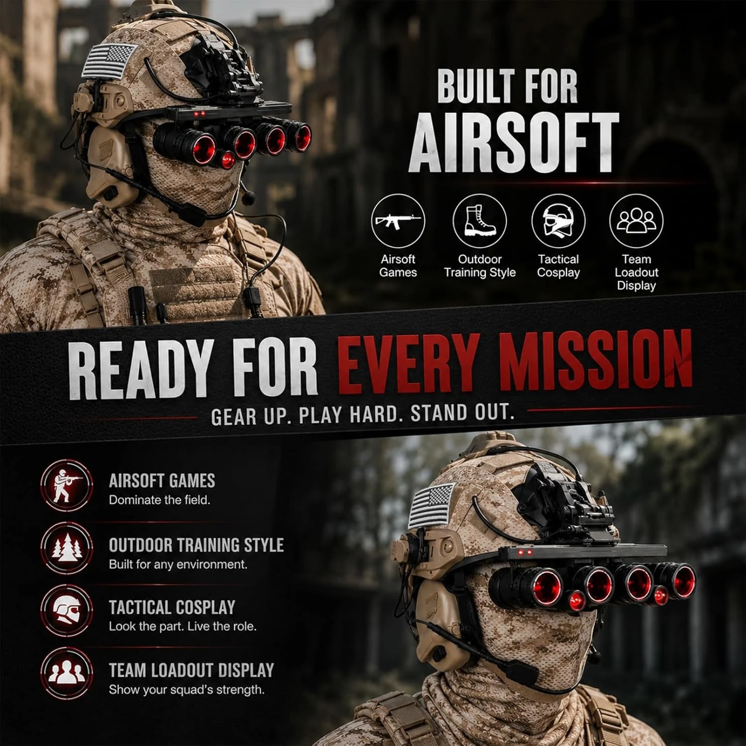 Kit de Casco Táctico Airsoft con Riel NVG y Luz Estroboscópica - imagen 4