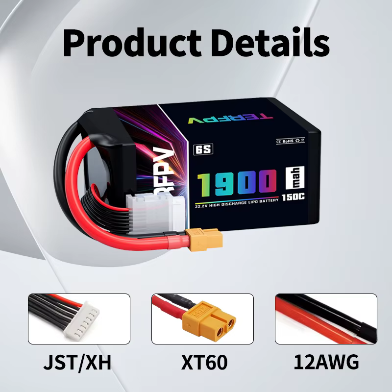 Vista de las dimensiones y conector de equilibrio de la batería TERFPV