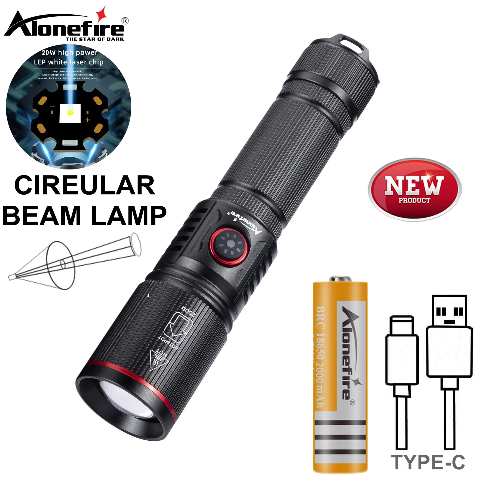 Linterna táctica LED 20W USB recargable con zoom