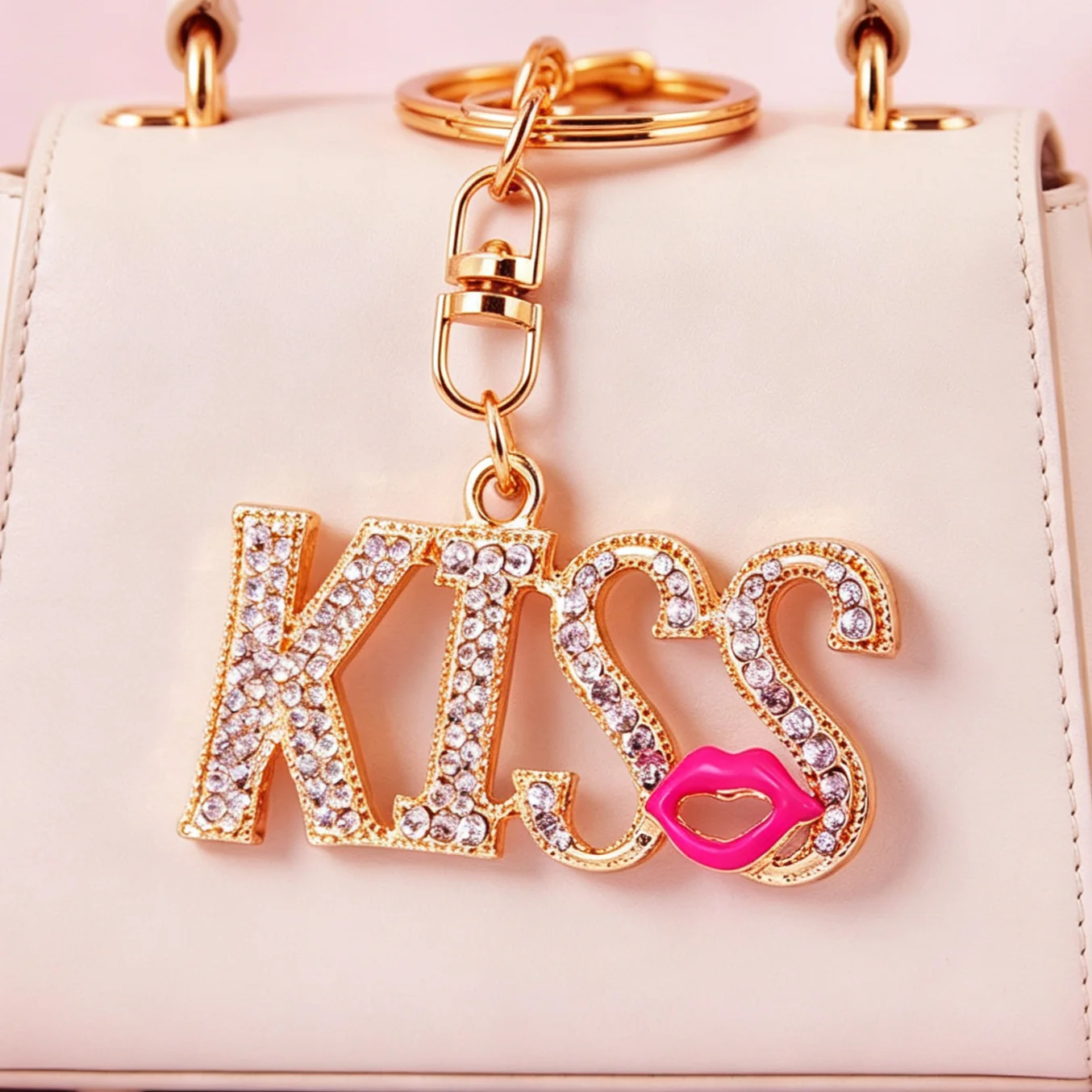Llavero con dije de cristal brillante KISS y letras strass rosas - imagen 4