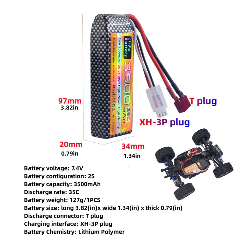 Batería Lipo Teranty 7,4V 3500mAh vista frontal con conectores