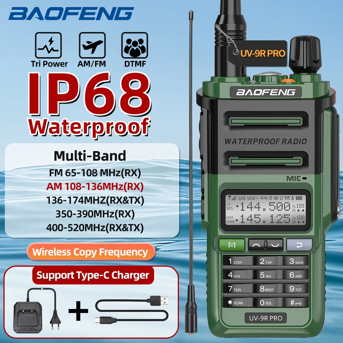 Baofeng UV-9R PRO walkie talkie impermeable resistente bidireccional