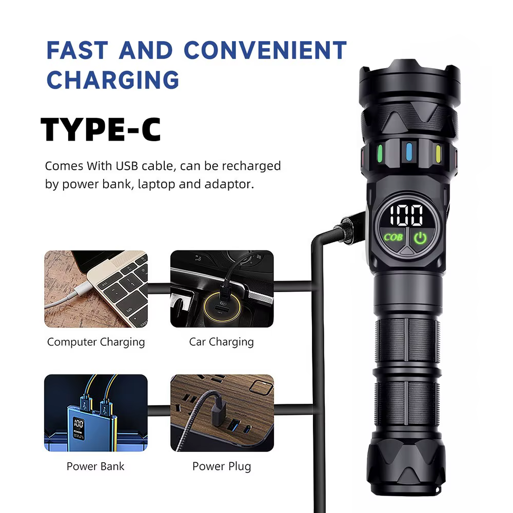 Linterna táctica LED USB recargable zoom haz COB para camping - imagen 5