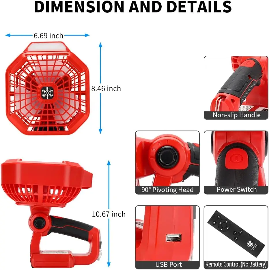 Ventilador de mano USB-A con LED para baterías Makita Bosch DeWalt