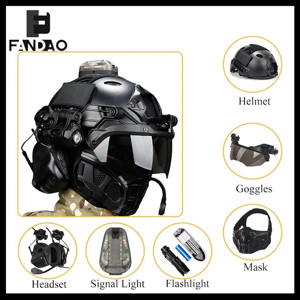 Casco táctico Airsoft con protección facial completa y auriculares