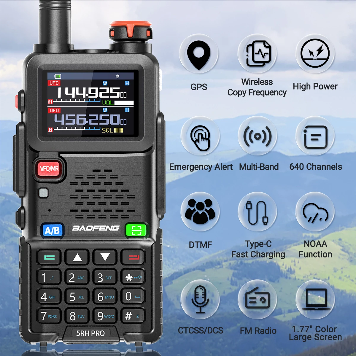 Baofeng UV-5RH PRO GPS walkie talkie multibanda NOAA largo alcance