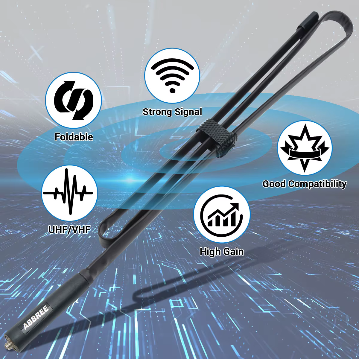 Antena ABBREE junto a radio Baofeng