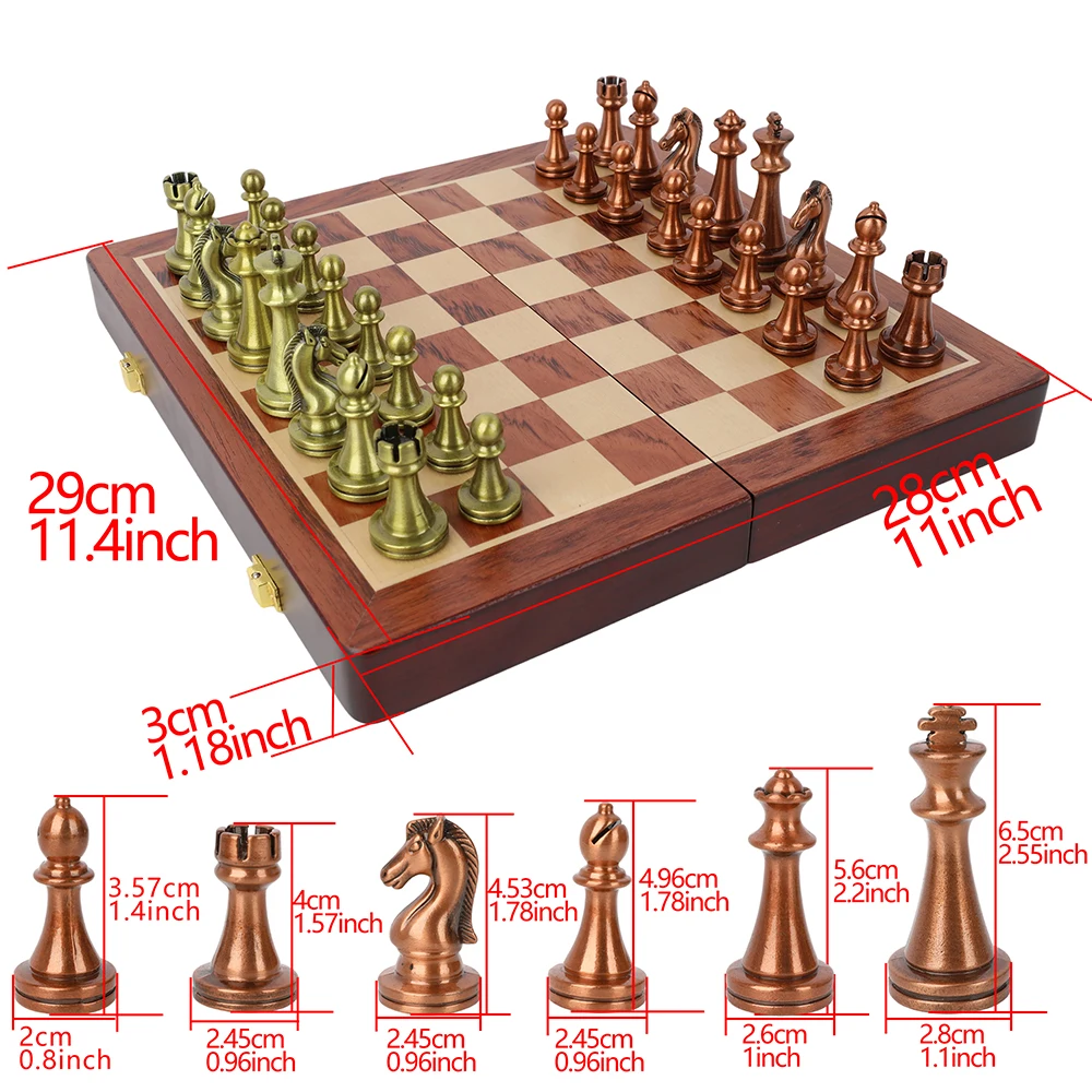 Juego de ajedrez de madera plegable retro con piezas metálicas - imagen 3