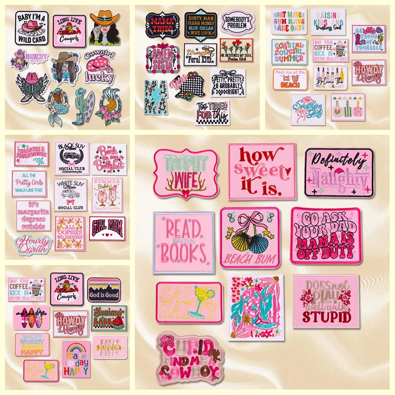 Parches bordados de la serie rosa con letras y eslóganes estilo vaquero
