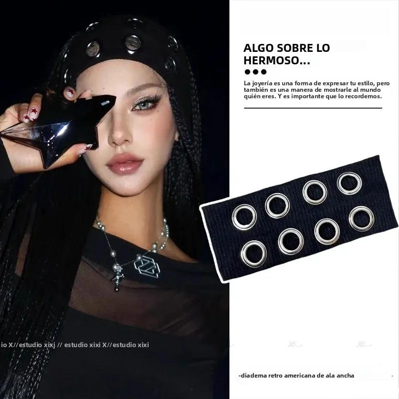 Diadema elástica con anillo metálico punk retro de borde ancho - imagen 5