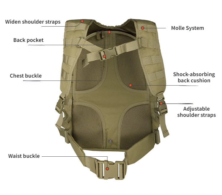 Detalle visual de la mochila táctica para trekking y campamento