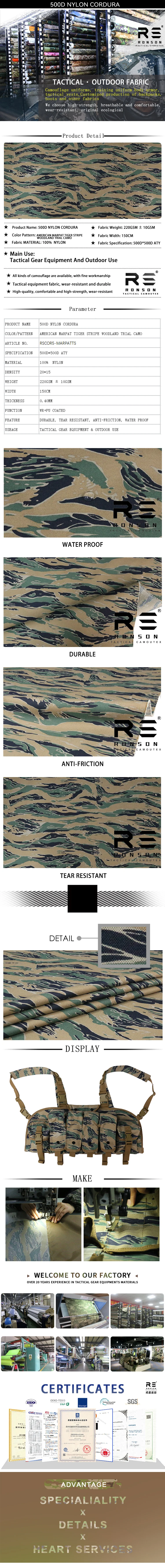 Cordura de nailon 500D con diseño MARPAT Tiger Stripe y acabado con recubrimiento PU