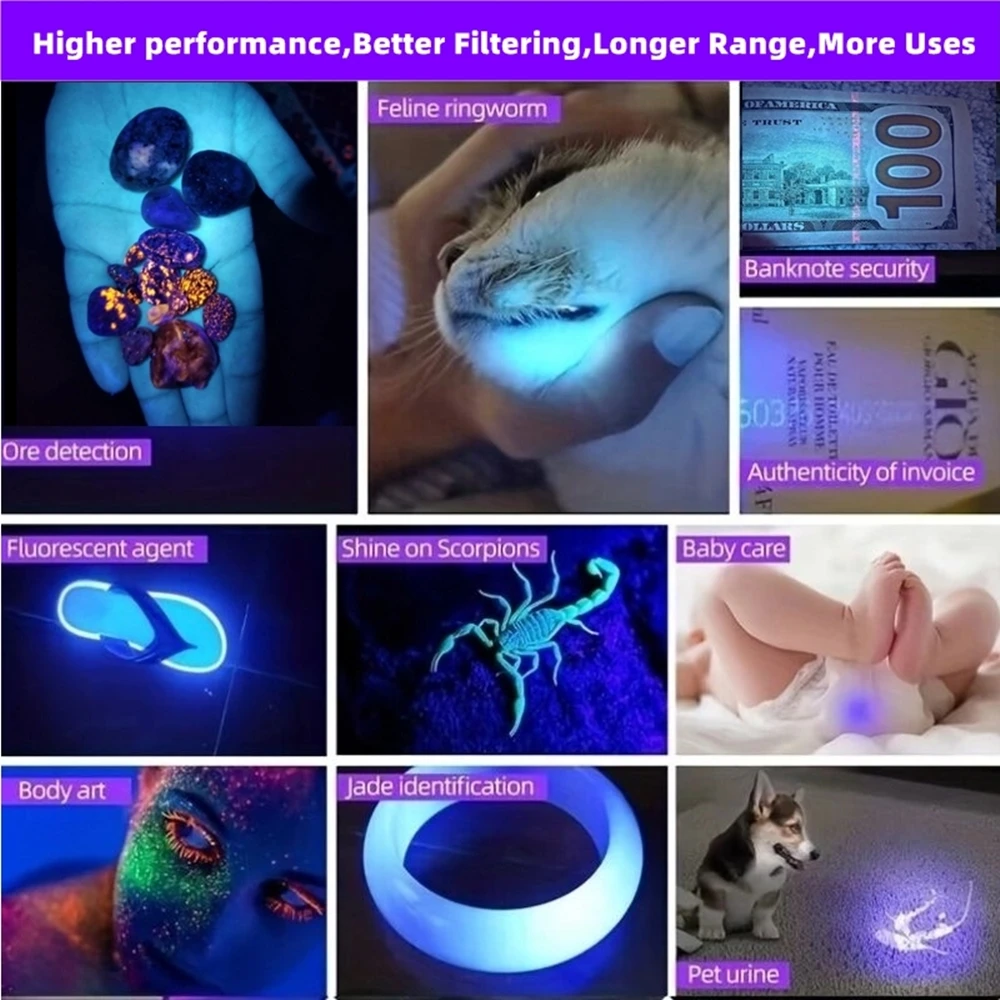 Linterna UV encendida mostrando haz de luz