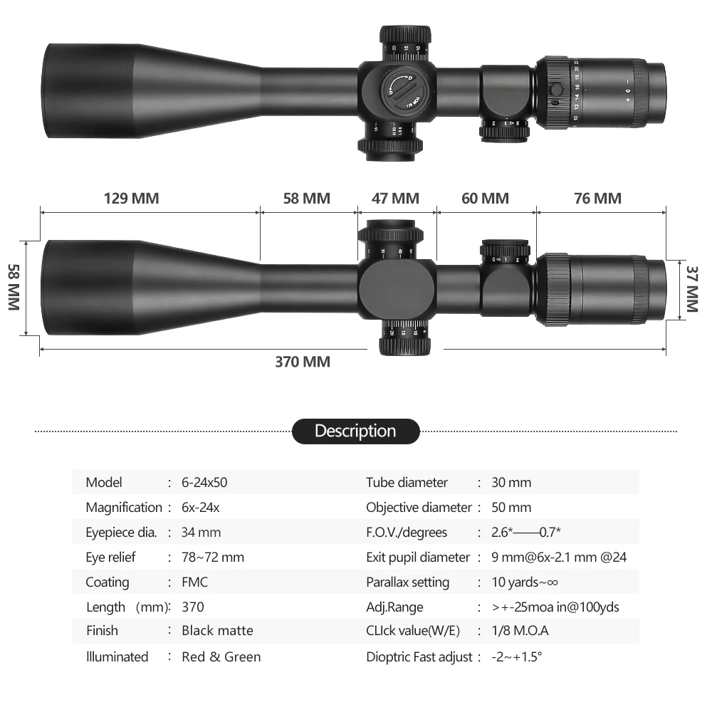 SPINA OPTICS Mira de rifle 6-24x50 SF con retícula BDC iluminada - imagen 4