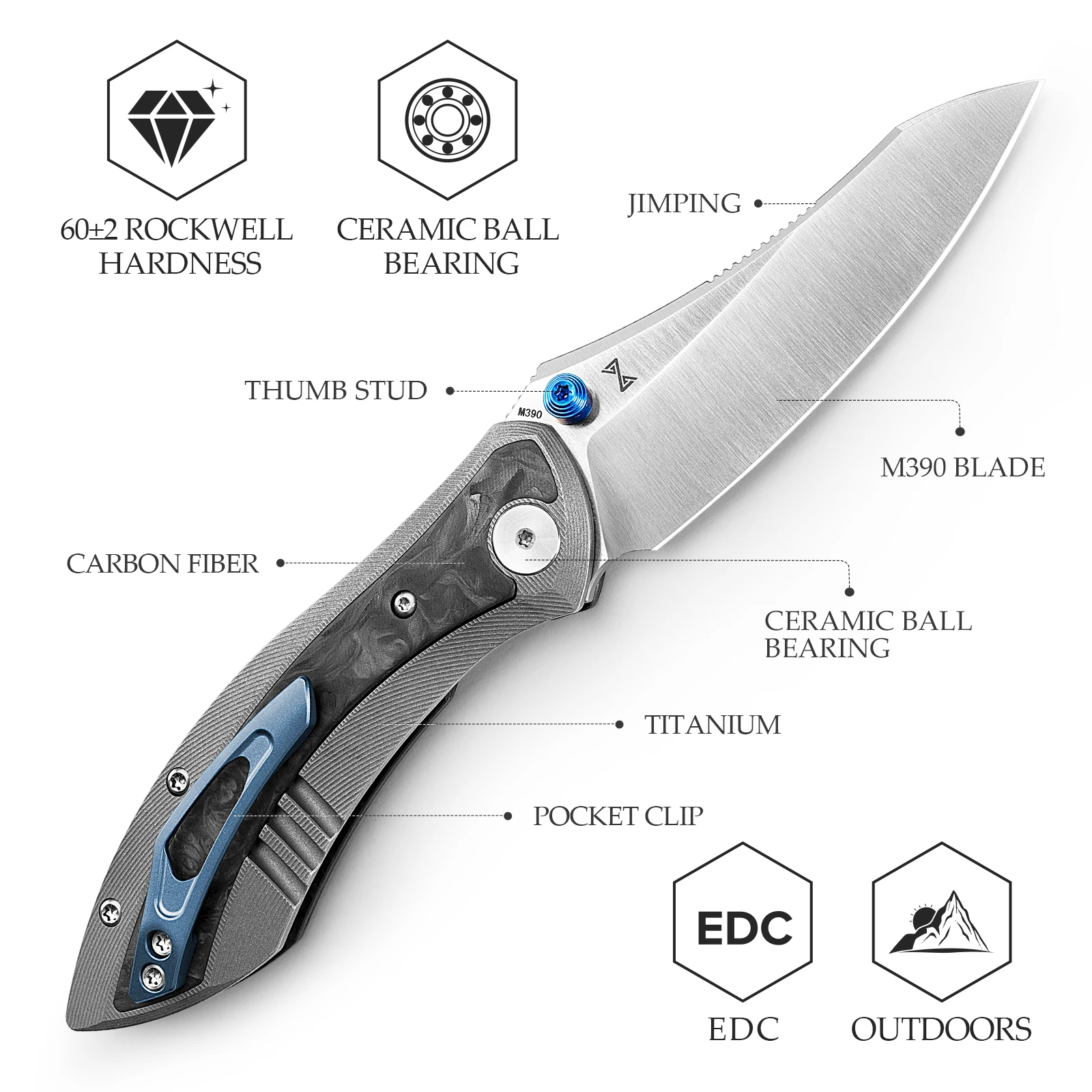 Cuchillo plegable TRIVISA Rhino – hoja M390, titanio y fibra carbono - imagen 4