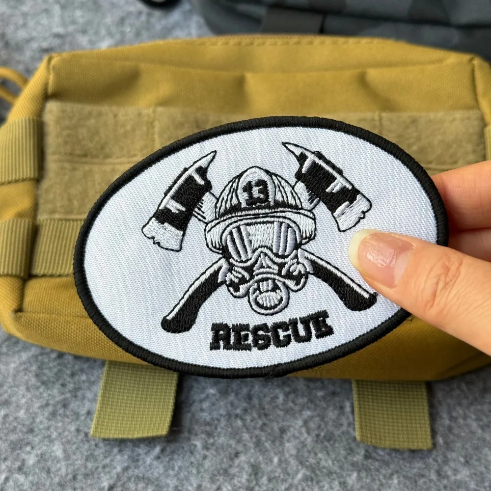 Parche bordado táctico bombero Rescue hachas casco máscara gas