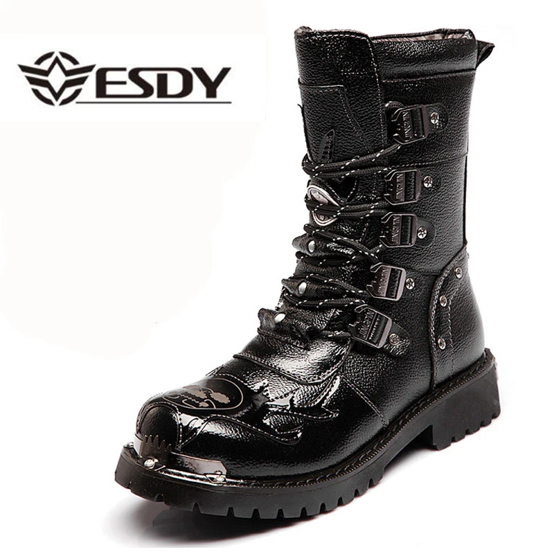 Botas de invierno cuero media caña biker negras calavera térmicas