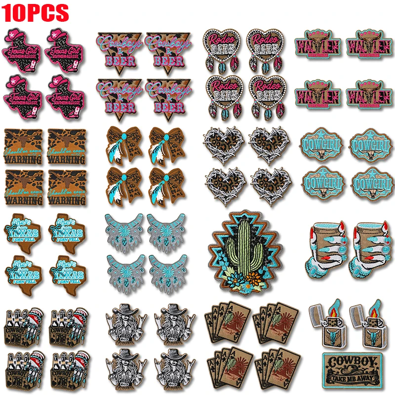 Parches bordados con motivos western, estampado de leopardo y cabeza de vaca