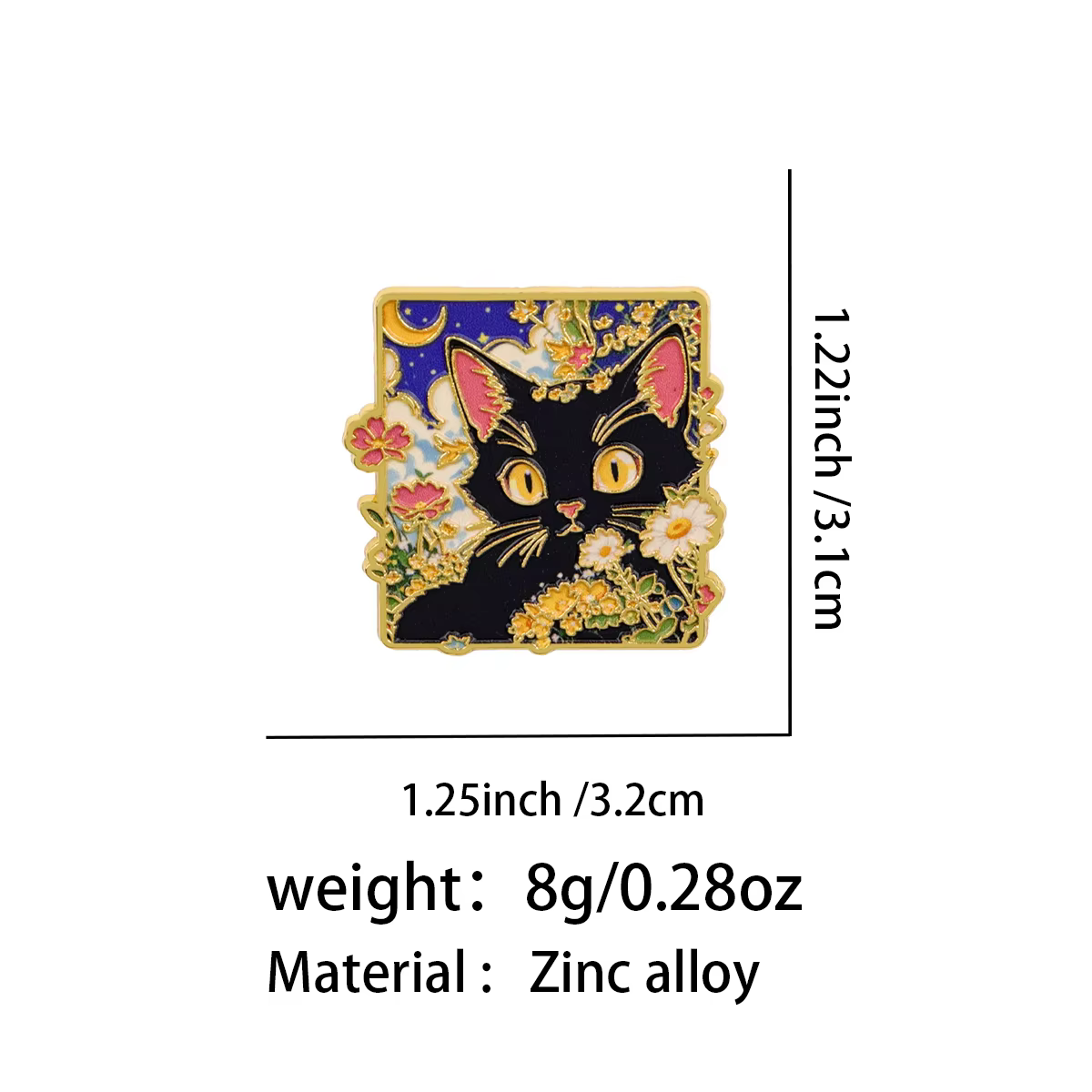 Set de 5 broches de esmalte con motivos de gato negro y flores